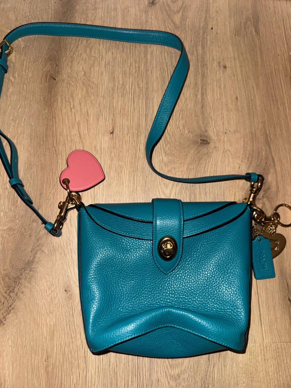 Coach Teal Leather Crossbody with Pink Heart Charm